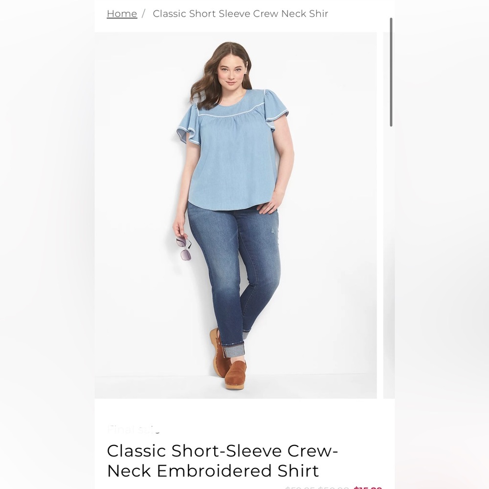 NWT Lane Bryant Chambray Classic Short-Sleeve Crew-Neck Embroidered Shirt